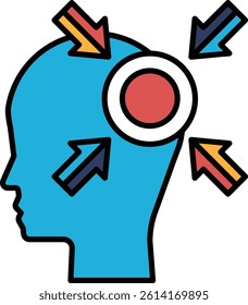 A blue head with a red circle in the middle and arrows pointing to it. The image is meant to convey the idea of focusing on one's thoughts and ideas