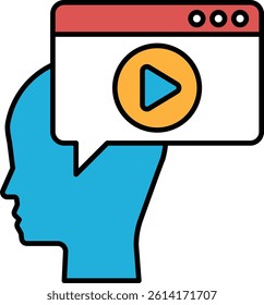 A blue head with a red circle with a yellow arrow pointing to a white screen with a video player