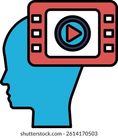 A blue head with a red screen with a play button on it. The head is looking up and the screen is in the middle of the head