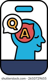 A blue head with a red A and a white Q. The head is smiling and the letters are in red