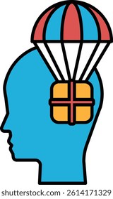 A blue head with a red and white umbrella on top. The umbrella is open and the box is on the head