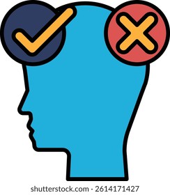A blue head with a red X on it. The head is surrounded by a blue circle with a yellow check mark