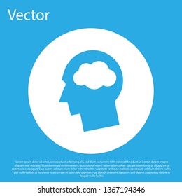 Blue Head silhouette with cloud icon isolated on blue background. Dreaming sign. White circle button. Flat design. Vector Illustration