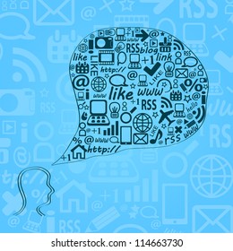 Blue Head Silhouette with Think Bubble Chat. Social Media Network Concept.