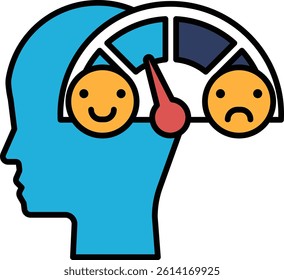 A blue head with a smiling face and a frowning face with a red thermometer. Concept of a person's emotions being measured on a scale