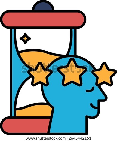 A blue head with a star on it is in front of a clock. The clock is open and the hands are pointing to the number 3. The head and clock are surrounded by stars. Concept of time passing
