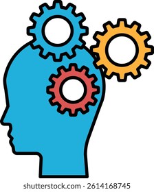 A blue head with three gears on it. The gears are red, yellow and orange. The head is surrounded by a white background