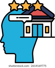 A blue head with three stars and a building in the background. The head is surrounded by a blue frame