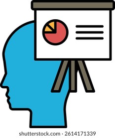 A blue head with a white board behind it. The board has a pie chart on it. The head is standing on a tripod