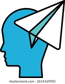 A blue head with a white paper airplane on top. The paper airplane is flying through the air
