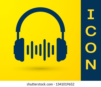 Blue Headphone and sound waves icon on yellow background. Earphone sign. Concept object for listening to music, service, communication and operator. Vector Illustration