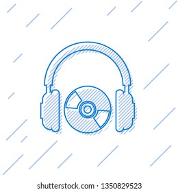 Blue Headphones and CD or DVD line icon isolated on white background. Earphone sign. Compact disk symbol. Vector Illustration