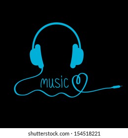 Blue headphones with cord and word Music. Black background. Love card.Vector illustration.