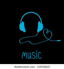 Blue headphones with cord and word Music on black background. Love card. Vector illustration.