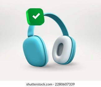 Blue headphones with green check mark isolated on white background. 3d vector icon 