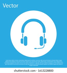 Blue Headphones icon isolated on blue background. Earphones. Concept for listening to music, service, communication and operator. White circle button. Vector Illustration