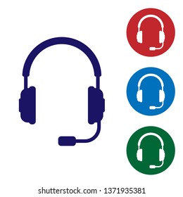 Blue Headphones with microphone icon on white background. Earphones sign. Concept object for listening to music, service, communication and operator. Set color in circle buttons. Vector Illustration