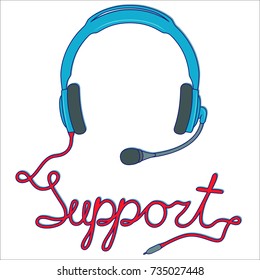 Blue headphones with microphone and with red cable as a inscription, online support service concept, vector illustration isolated on the white background