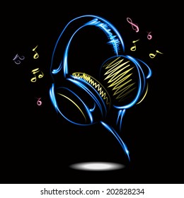 Blue headphones with Music. Vector illustration. EPS