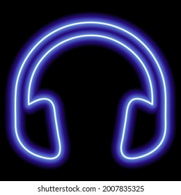 Blue headphones. Neon outline on a black background. One object. Listen to music, play. Vector illustration