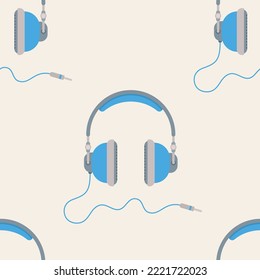 Auriculares azules con un patrón vectorial sin fisuras. Diseño plano. Fondo del vector de color.