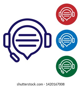 Blue Headphones with speech bubble chat icon isolated on white background. Support customer service, hotline, call center, faq, maintenance. Set color icon in circle buttons. Vector Illustration