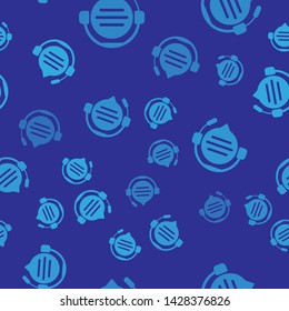 Blue Headphones with speech bubble chat icon isolated seamless pattern on blue background. Support customer service, hotline, call center, faq, maintenance.  Vector Illustration