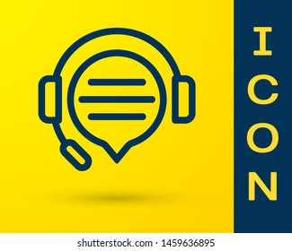 Blue Headphones with speech bubble chat icon isolated on yellow background. Support customer service, hotline, call center, faq, maintenance.  Vector Illustration