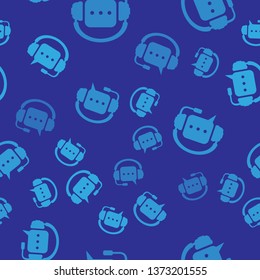 Blue Headphones with speech bubble icon seamless pattern on blue background. Support customer services, hotline, call center, guideline, faq, maintenance, assistance. Vector Illustration