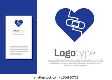 Blue Healed broken heart or divorce icon isolated on white background. Shattered and patched heart. Love symbol. Valentines day. Logo design template element. Vector Illustration