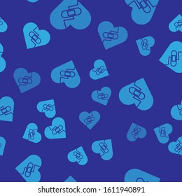Blue Healed broken heart or divorce icon isolated seamless pattern on blue background. Shattered and patched heart. Love symbol. Valentines day.  Vector Illustration