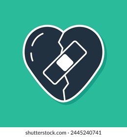 Blue Healed broken heart or divorce icon isolated on green background. Shattered and patched heart. Love symbol. Valentines day.  Vector