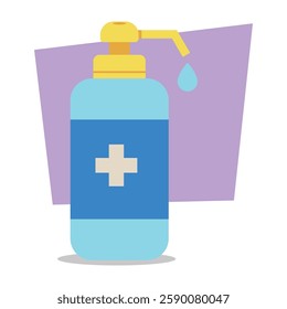 Blue health care bottle with pump dispenser against colorful background. Cleanliness and well-being in daily routines concept