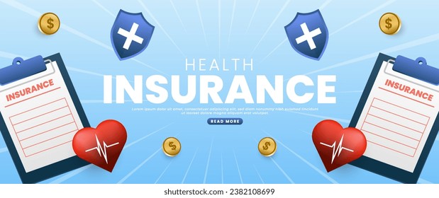 blue health insurance banner design with document, shield, coin and cloud elements