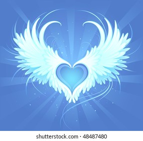 Blue heart of an angel with painted art, beautiful white wings on a blue background radiant