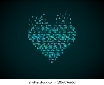 Blue heart of binary code. Concept of virtual love, online Dating, robotization, artificial intelligence