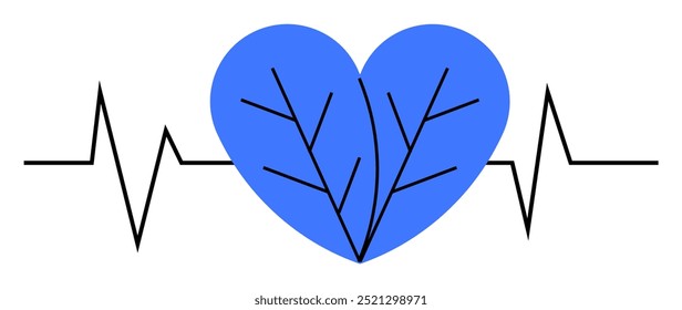 Blue heart with branch-like veins and EKG line. Ideal for healthcare, nature, wellness, environmental health, cardiology. Minimalist design, vector art.