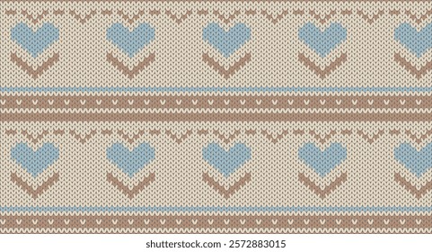 Blue heart and brown line on cream knitted pattern, Festive Sweater Design. Seamless Knitted Pattern