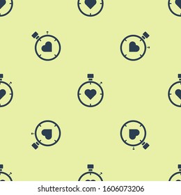 Blue Heart in the center stopwatch icon isolated seamless pattern on yellow background. Valentines day.  Vector Illustration