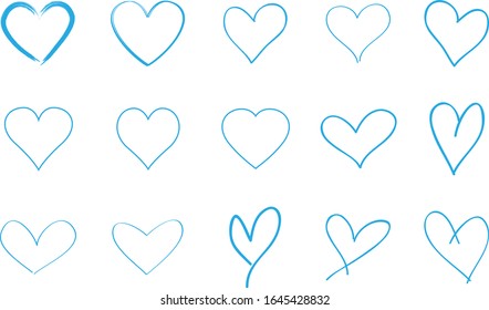 Blue heart contour vector. Hand drawn love icon isolated. Paint brush stroke heart icon. Hand drawn vector for love logo, heart symbol, doodle icon and Valentine's day. Painted grunge vector shape