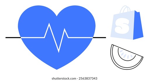 Blue heart with an ECG line, a blue shopping bag, and a slice of orange. Ideal for health, wellness, shopping, nutrition, and lifestyle themes. Minimalist vector style with a modern look