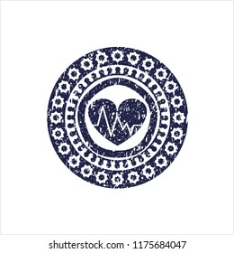 Blue heart with electrocardiogram icon inside grunge seal