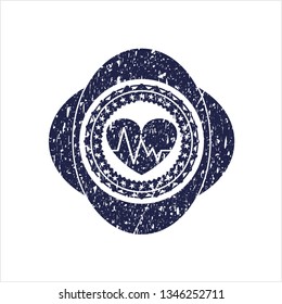 Blue heart with electrocardiogram icon inside distress grunge stamp