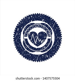 Blue heart with electrocardiogram icon inside distressed rubber seal with grunge texture
