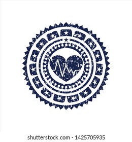 Blue heart with electrocardiogram icon inside distressed rubber texture
