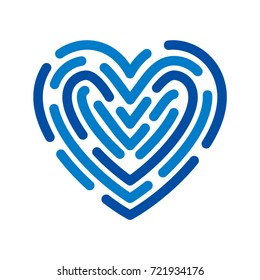 Blue heart, fingerprint or labyrinth. Love logo. Loveness sign. Creative vector design illustration.