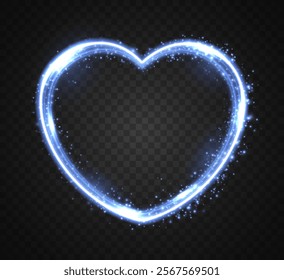 Blue heart with flashes highlighted on transparent background. Glowing heart for holiday cards, banners, Valentine's Day. Neon glowing heart shape.