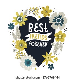 blue heart and flowers lettering the words best friends forever, vector drawing greeting card template illustration