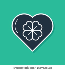 Blue Heart with four leaf clover icon isolated on green background. Happy Saint Patrick day.  Vector Illustration