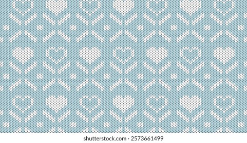 Blue heart and geometric knitted design, Festive Sweater Design. Seamless Knitted Pattern